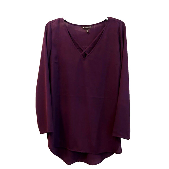 Express Womens Tunic Top Sz M Plum Crisscross Front Longsleeve Blouse‎ - Picture 1 of 8